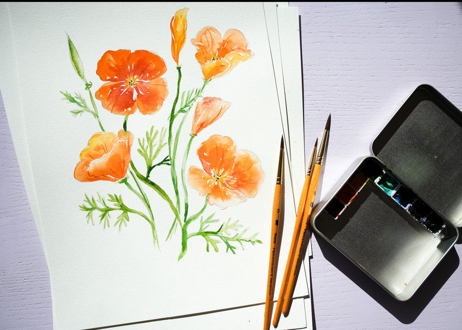 Saturday Floral Series: California Poppy & Rose Watercolor on May 18th, 2024, 11:30am - 1pm