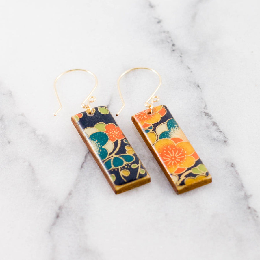 Navy + Gold Floral Rectangle Earrings