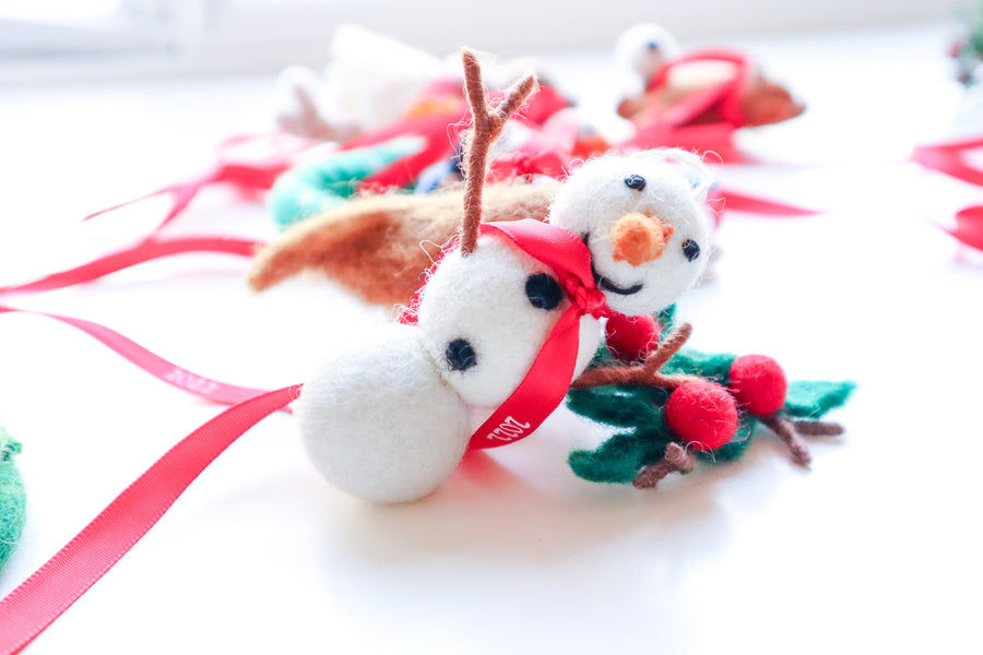 Handmade Felt Snowman with Red Knitted Scarf Ornament
