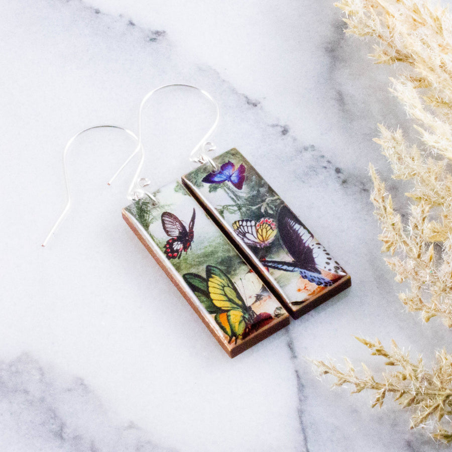 Vintage Butterfly Forest Rectangle Earrings