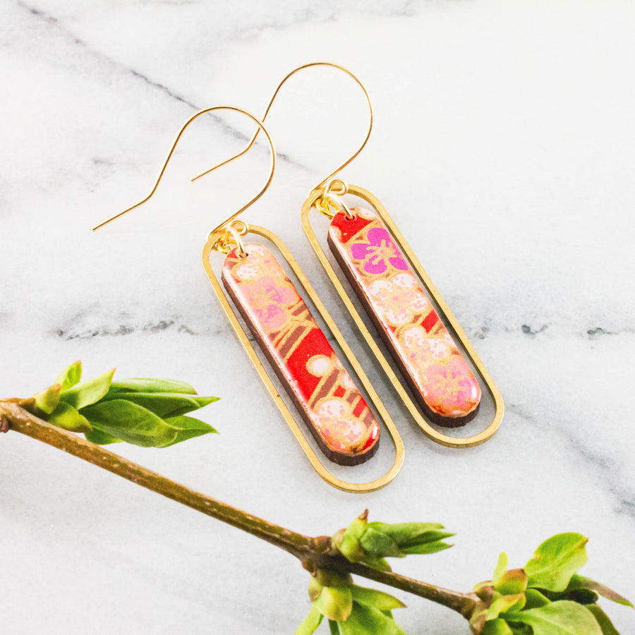 Red Cherry Blossom Brass Loop Earrings