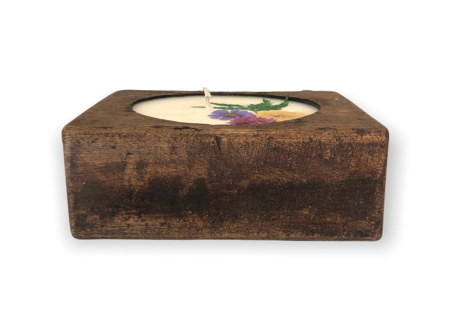 Flower Soy Candle in Wood Cheese Mold