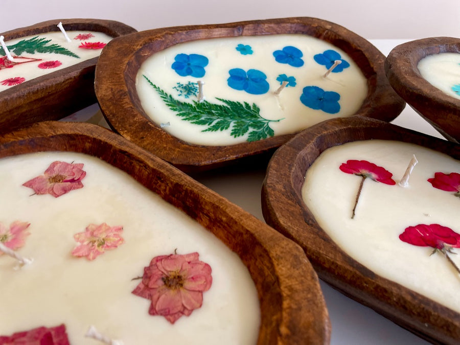 (Sea Foam) Flower-Pressed Soy Candle in Wood Dough Bowl