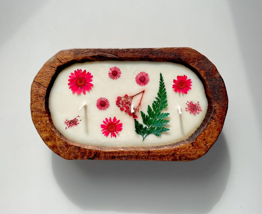 (Coral) Flower-Pressed Soy Candle in Wood Dough Bowl